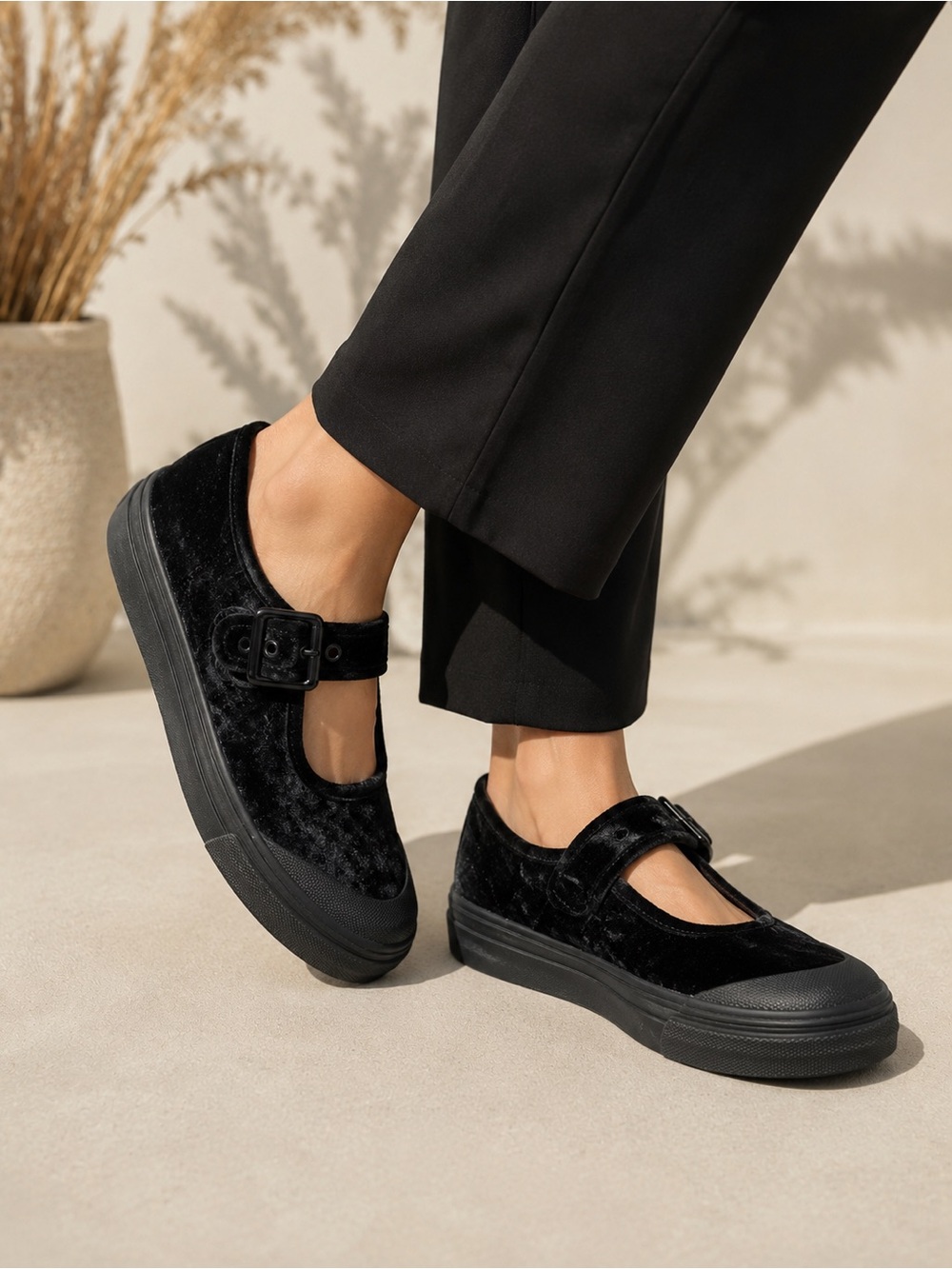 Vans Black Velvet Mary Jane Platform Sneakers